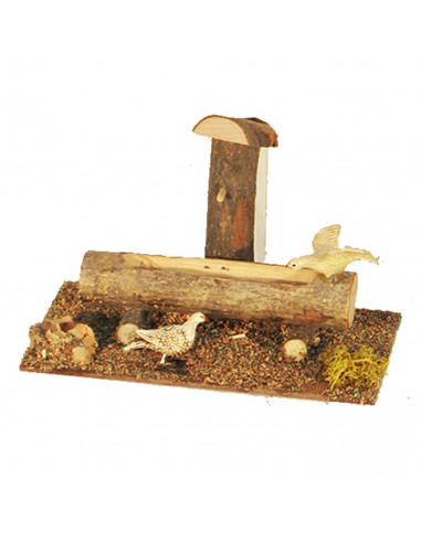 Tradineur - Abrevadero con animales para portal de belén 11 x 15,5 x 9 cm, corcho y resina, bebedero ovejas, patos, gallinas, as