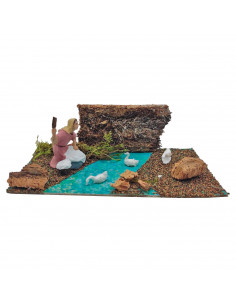 Tradineur - Figura para belén navideño con agua y animales 9 x 18 x 9 cm, corcho y resina, personajes para nacimiento, pesebre,