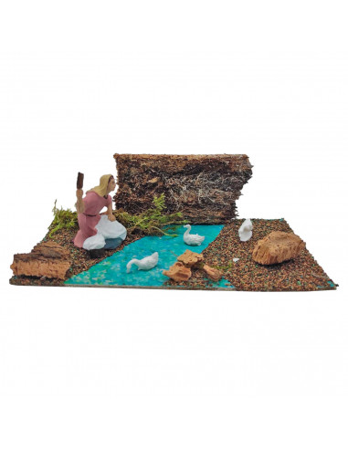 Tradineur - Figura para belén navideño con agua y animales 9 x 18 x 9 cm, corcho y resina, personajes para nacimiento, pesebre,