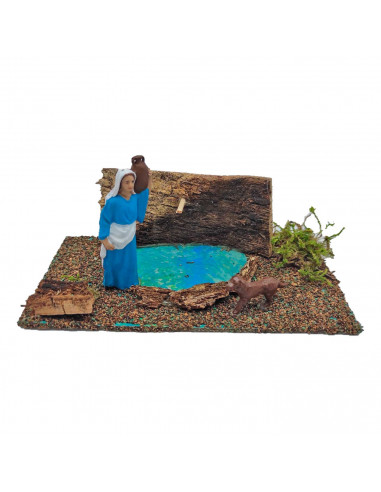 Tradineur - Figura para belén navideño con agua y animales 9 x 18 x 9 cm, corcho y resina, personajes para nacimiento, pesebre,