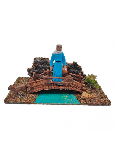 Tradineur - Figura para belén navideño con agua y animales 9 x 18 x 9 cm, corcho y resina, personajes para nacimiento, pesebre,