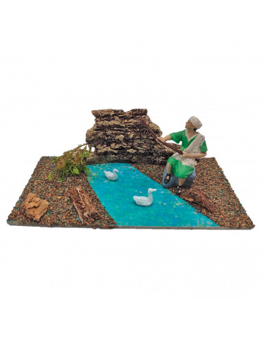 Tradineur - Figura para belén navideño con agua y animales 9 x 18 x 9 cm, corcho y resina, personajes para nacimiento, pesebre,