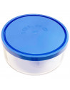 Fiambrera de vidrio redonda 22 cm con tapa azul de plástico. Recipiente de cristal para alimentos apto para lavavajillas, microo