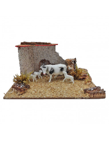 Tradineur - Corral para belén, 8 x 15 x 9 cm, corcho y resina, animales de granja, nacimiento, figuras, decoración tradicional,