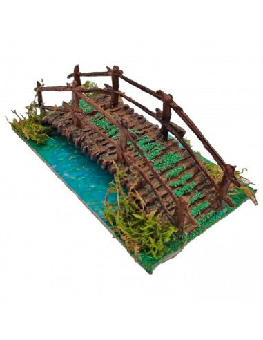Tradineur - Puente con río para portal de belén 5,5 x 16,5 x 9 cm, resina, puente de troncos para nacimiento, pesebre, navidad,