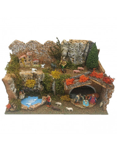 Tradineur - Belén completo con figuras de 5 cm, resina y corcho, 18 x 37 x 21 cm, paisaje montañoso con pesebre, pastores, lavan