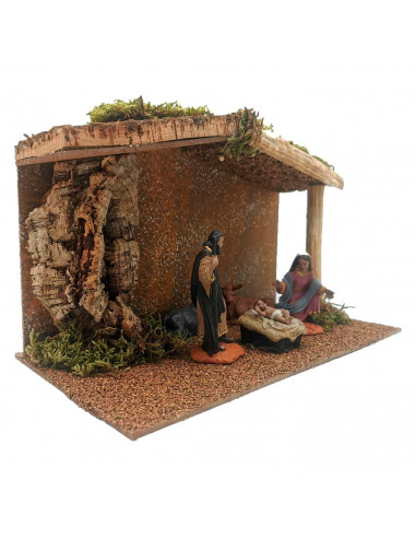 Tradineur - Portal, cueva con figuras de nacimiento de 8 cm para belén navideño 16,5 x 27 x 14,2 cm, corcho y resina, pesebre Je