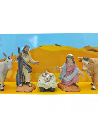 Tradineur - Figuras de nacimiento belén navideño, 8 cm, durexina, niño Jesús, virgen María, José, buey y mula, pesebre, navidad,