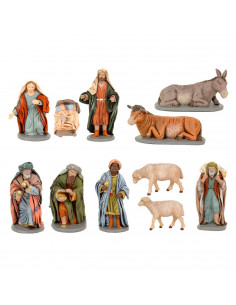 Tradineur - Set básico de figuras de belén navideño 10 cm, 11 piezas, marmolina, figuras decorativas nacimiento Jesús, Virgen Ma