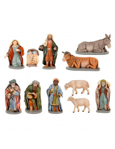 Tradineur - Set básico de figuras de belén navideño 10 cm, 11 piezas, marmolina, figuras decorativas nacimiento Jesús, Virgen Ma