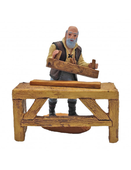 Tradineur - Figura de carpintero con banco para belén navideño 10 cm, durexina, figura decorativa nacimiento, pesebre, navidad,