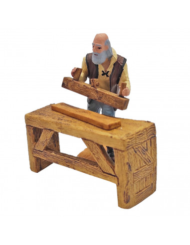 Tradineur - Figura de carpintero con banco para belén navideño 10 cm, durexina, figura decorativa nacimiento, pesebre, navidad,