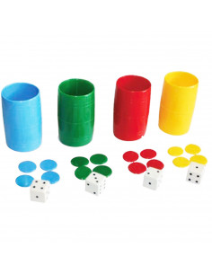Set 4 cubiletes y fichas de parchís, dados y estuche de plástico, accesorios juegos de mesa, tradicional, desarrollo de habilida