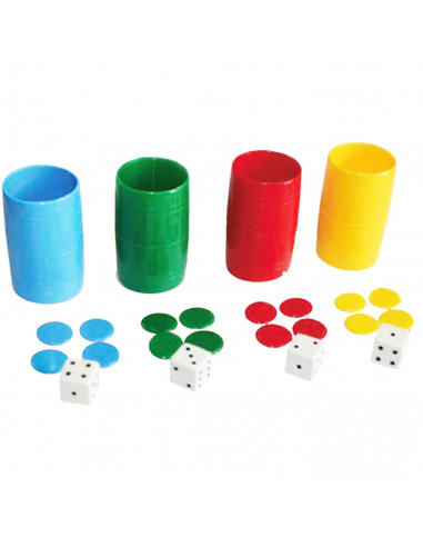 Set 4 cubiletes y fichas de parchís, dados y estuche de plástico, accesorios juegos de mesa, tradicional, desarrollo de habilida