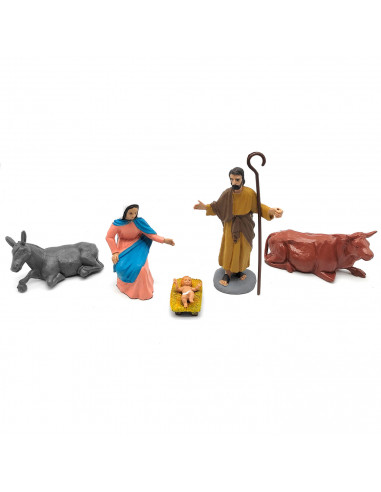 Tradineur - Figuras de nacimiento para belén navideño 10 cm, durexina, Jesús, virgen María, José, buey y mula, figuras decorativ