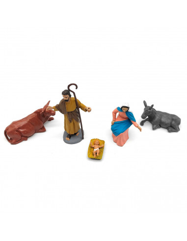 Tradineur - Figuras de nacimiento para belén navideño 10 cm, durexina, Jesús, virgen María, José, buey y mula, figuras decorativ