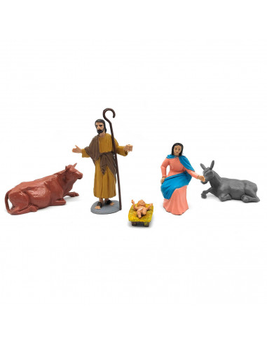 Tradineur - Figuras de nacimiento para belén navideño 10 cm, durexina, Jesús, virgen María, José, buey y mula, figuras decorativ