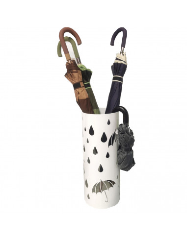 Paragüero metálico redondo diseño de paraguas y gotas 49 x 19,5 cm, soporte para paraguas con recipiente de plástico, ideal para