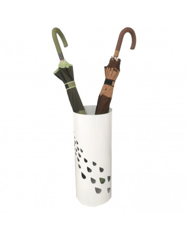 Paragüero blanco redondo de metal, diseño de gotas, 49 x 19,5 cm, soporte para paraguas con recipiente de plástico, estilo moder