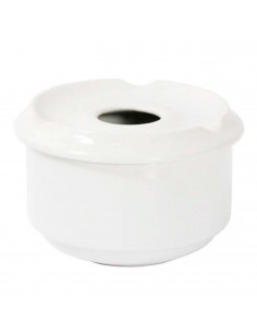 Tradineur - Cenicero redondo blanco de cerámica 9 x 6 cm, cuenco, recipiente con tapa removible y muescas para cigarros, uso int