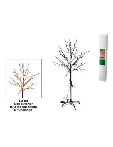 Árbol decorativo con bolas, 100 luces LED, luz cálida, uso exterior, 8 funciones, 120 cm, metal y plástico, decoración de navida