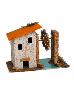 Noria con caseta para belén navideño 11 x 15,5 x 9 cm, corcho y resina, molino, casa, figura para nacimiento, pesebre, navidad,