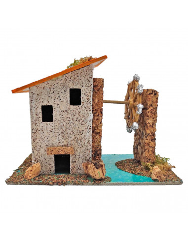 Noria con caseta para belén navideño 11 x 15,5 x 9 cm, corcho y resina, molino, casa, figura para nacimiento, pesebre, navidad,