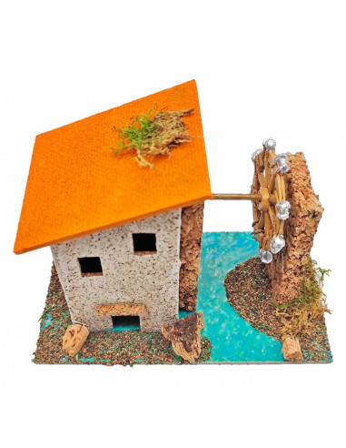 Noria con caseta para belén navideño 11 x 15,5 x 9 cm, corcho y resina, molino, casa, figura para nacimiento, pesebre, navidad,