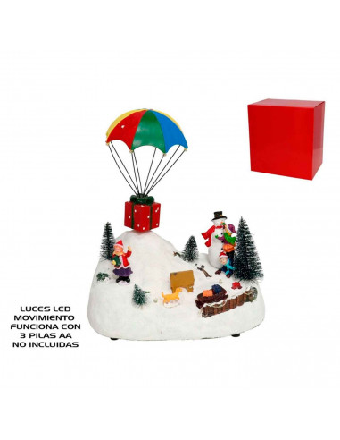 Escena navideña con figuras, luces LED y movimiento 20 x 27 cm, resina y plástico, paisaje montañoso nevado, figuras decorativas