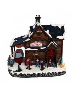 Casa navideña decorativa, escuela de esquí con luces LED y música 24 x 25 x 16,5 cm, resina y plástico, casita nevada con figura