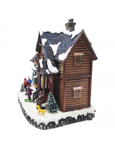 Casa navideña decorativa, escuela de esquí con luces LED y música 24 x 25 x 16,5 cm, resina y plástico, casita nevada con figura