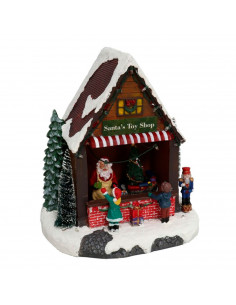 Puesto de santa claus decorativo, tienda de juguetes de papá noel con luces LED, música y movimiento 25,5 x 23 x 17 cm, resina y