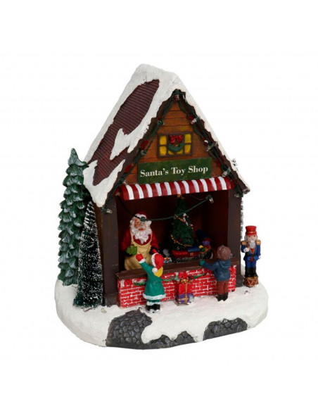 Puesto de santa claus decorativo, tienda de juguetes de papá noel con luces LED, música y movimiento 25,5 x 23 x 17 cm, resina y