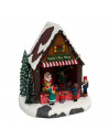 Puesto de santa claus decorativo, tienda de juguetes de papá noel con luces LED, música y movimiento 25,5 x 23 x 17 cm, resina y