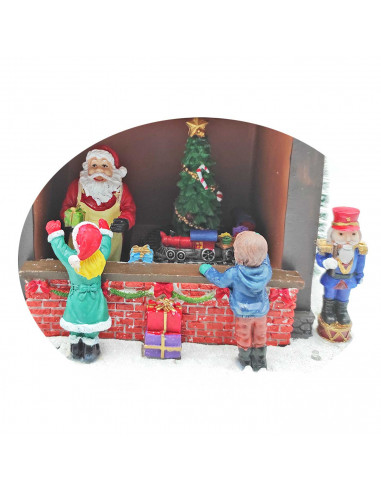 Puesto de santa claus decorativo, tienda de juguetes de papá noel con luces LED, música y movimiento 25,5 x 23 x 17 cm, resina y