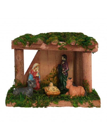 Portal de belén, cueva con figuras del nacimiento 8,5 x 12 x 5 cm, niño Jesús, virgen María, José, buey y mula, pesebre belén na
