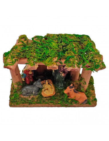 Portal de belén, cueva con figuras del nacimiento 8,5 x 12 x 5 cm, niño Jesús, virgen María, José, buey y mula, pesebre belén na