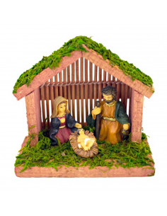 Portal de belén con figuras del nacimiento 8,5 x 10 x 5 cm, niño Jesús, virgen María y José, pesebre para belén navideño, madera