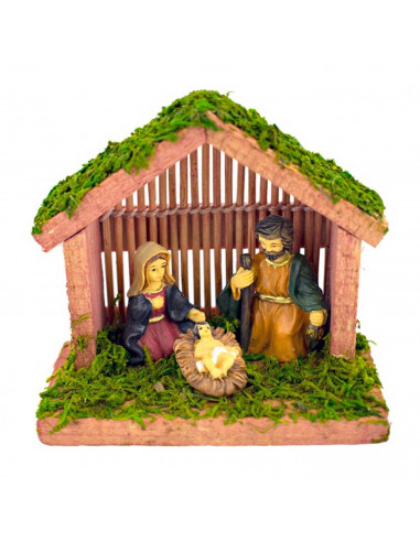 Portal de belén con figuras del nacimiento 8,5 x 10 x 5 cm, niño Jesús, virgen María y José, pesebre para belén navideño, madera