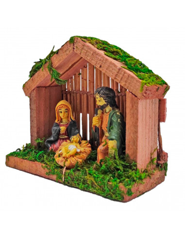 Portal de belén con figuras del nacimiento 8,5 x 10 x 5 cm, niño Jesús, virgen María y José, pesebre para belén navideño, madera