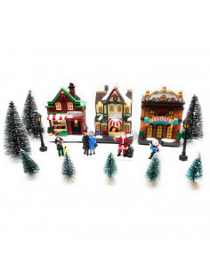 Poblado navideño con luz, 17 piezas, 58 x 15 x 15 cm, pueblo nevado con casas, abetos y habitantes, papá noel, muñeco nieve, dec