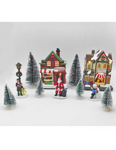 Poblado navideño con luz, 17 piezas, 58 x 15 x 15 cm, pueblo nevado con casas, abetos y habitantes, papá noel, muñeco nieve, dec