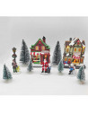 Poblado navideño con luz, 17 piezas, 58 x 15 x 15 cm, pueblo nevado con casas, abetos y habitantes, papá noel, muñeco nieve, dec