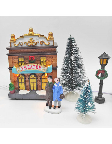 Poblado navideño con luz, 17 piezas, 58 x 15 x 15 cm, pueblo nevado con casas, abetos y habitantes, papá noel, muñeco nieve, dec