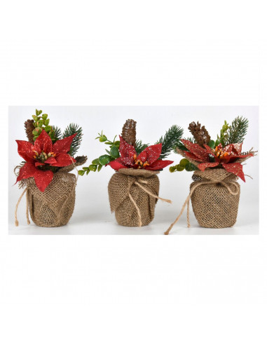 Maceta navidad de poliéster con glitter rojo 17 cm, planta artificial decorativa de navidad, decoración festiva repisa chimenea,
