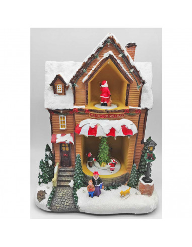 Casa navideña decorativa con luces LED, música y movimiento 25 x 16 cm, resina y plástico, casita de navidad nevada con figuras