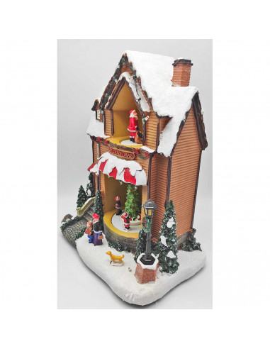 Casa navideña decorativa con luces LED, música y movimiento 25 x 16 cm, resina y plástico, casita de navidad nevada con figuras