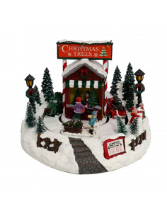Puesto de venta árboles navidad con luces LED, música y movimiento 20 x 24 cm, resina y plástico, poblado navideño, paisaje mont