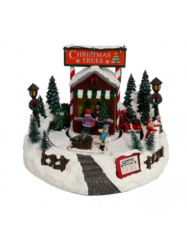 Puesto de venta árboles navidad con luces LED, música y movimiento 20 x 24 cm, resina y plástico, poblado navideño, paisaje mont
