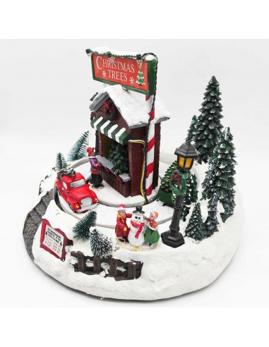 Puesto de venta árboles navidad con luces LED, música y movimiento 20 x 24 cm, resina y plástico, poblado navideño, paisaje mont